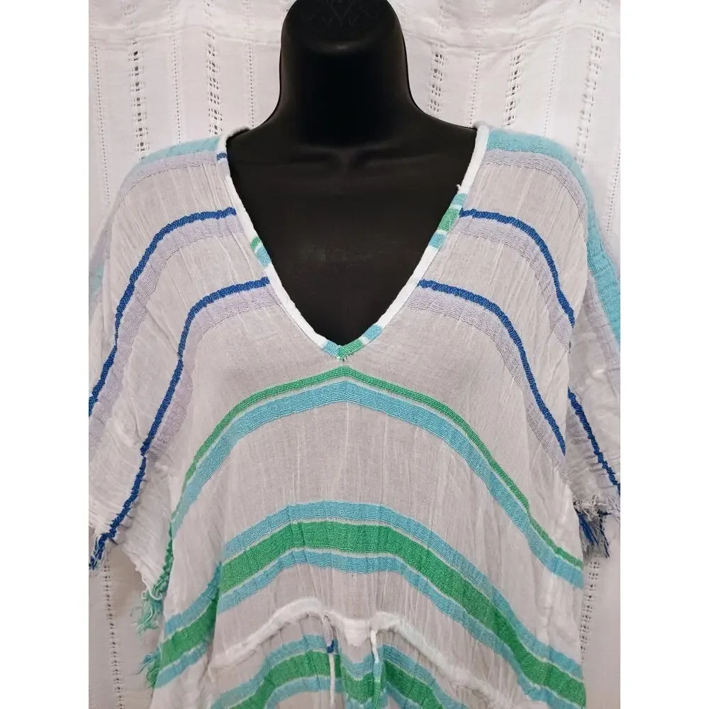 ✨ 3 / $15 DEAL ✨ Blue Island 100% Cotton Kaftan Swim Coverup Asymmetrical Medium